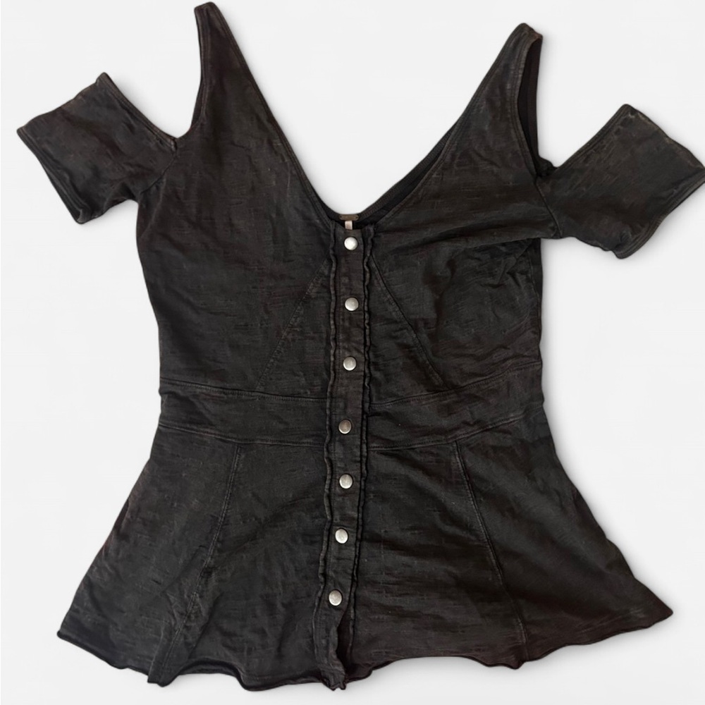 Free People Black Cut Out Short Sleeve Blouse